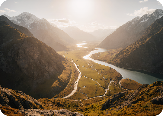 Aerial view of winding river through valley with golden light and snow-dusted mountains